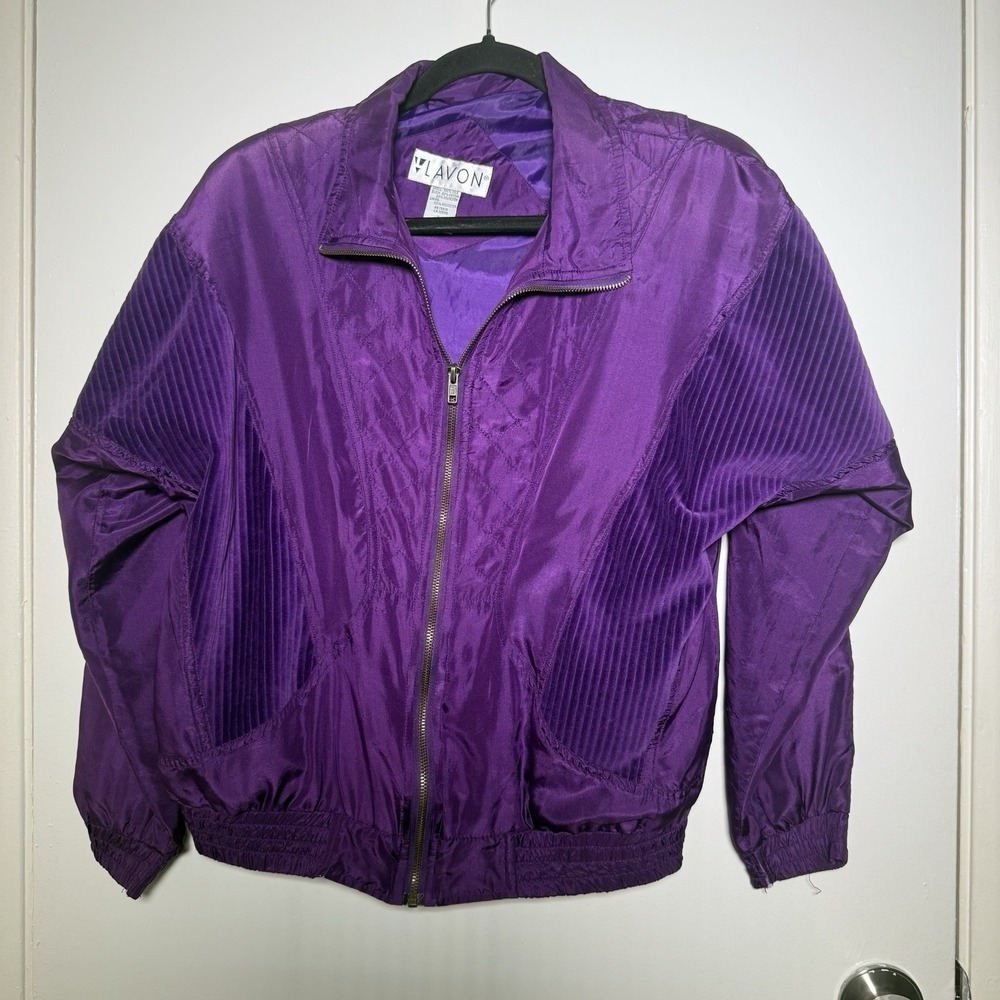 Vintage 80-90s Lavon Silk Bomber Style Warm Up Jacket Purple Velvet Small Zip